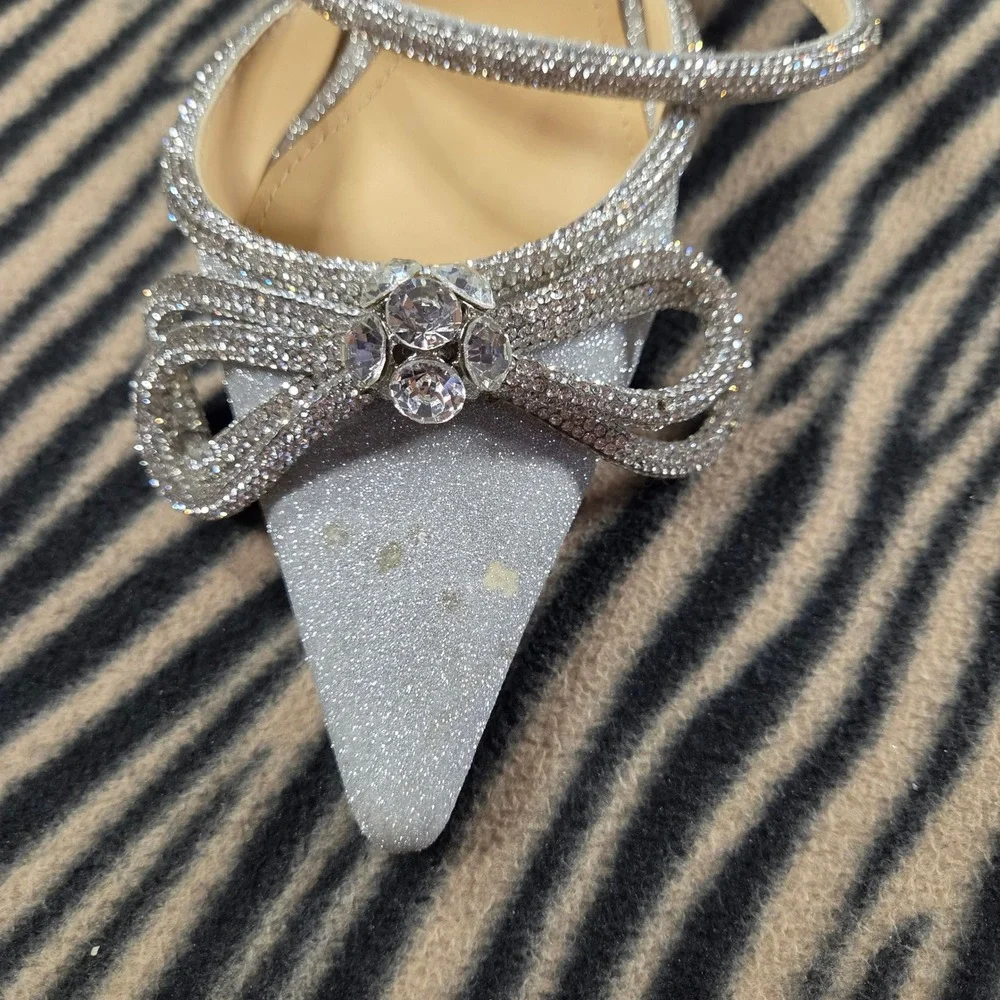 Mach & Mach Silver Glitter Double Bow Crystal Ankle Strap Pumps Heels IT 39